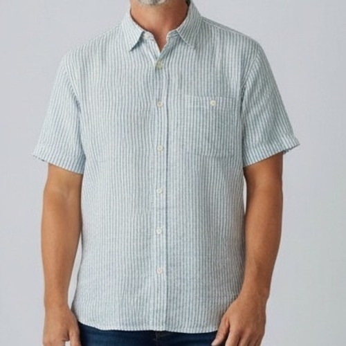 Caribbean Joe Mens Large Blue White Striped 100% Linen Shirt Nautical Resort